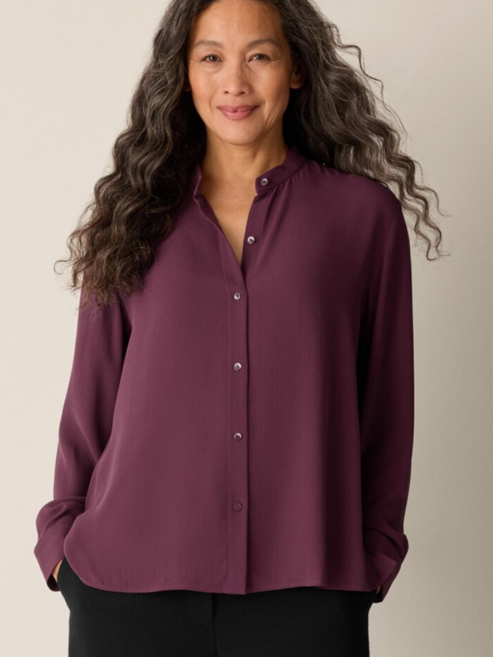Eileen Fisher 100% Silk Burgundy Button Down Blouse XXS